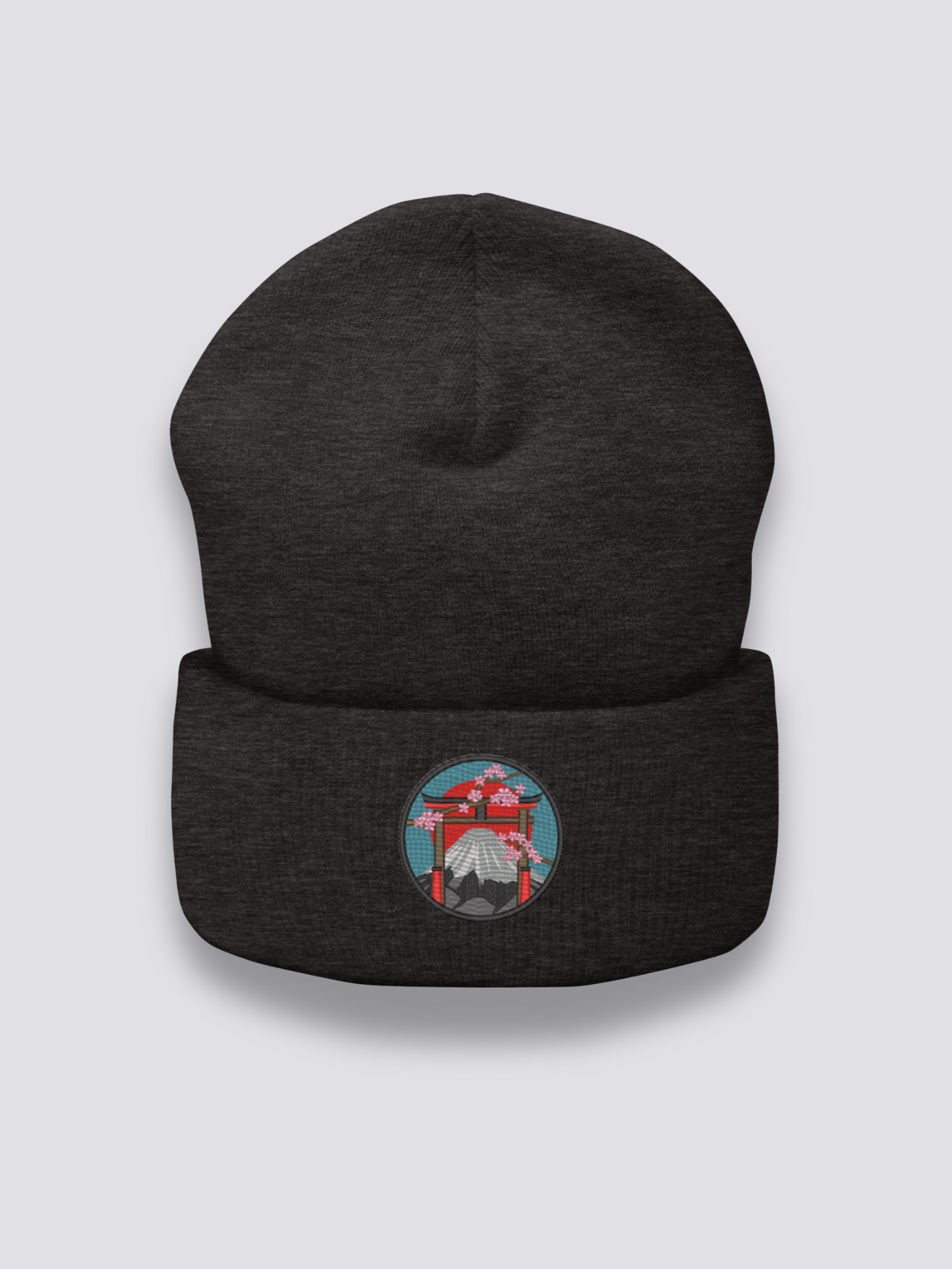 Traditionelle japanische Beanie – Beanie, gesticktes Torii mit Fuji und Sakura, Rückansicht