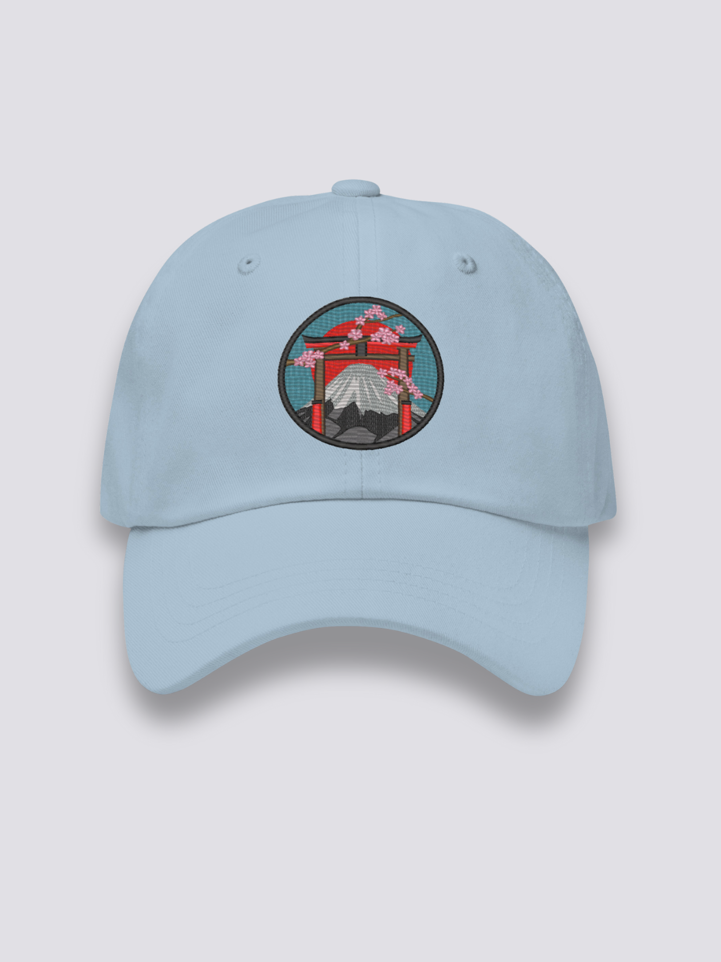 Traditionelle japanische Cap – japanische Cap, gesticktes Torii mit Fuji und Sakura, Detailaufnahme der Stickerei