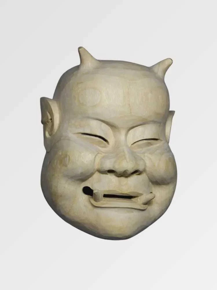 Traditionelle japanische Maske Shiata – Beshimi-Dämon aus hellem Holz, Nō-Theater, Detailaufnahme