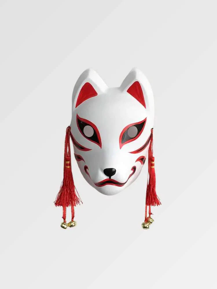 Traditionelle Kitsune-Maske Hoshi – weiße Kitsune-Fuchsmaske in Rot mit Glöckchen, Gesamtansicht