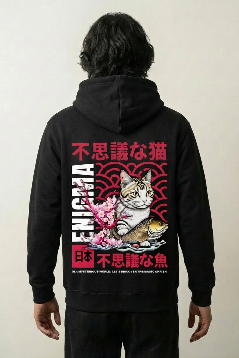 traditioneller japanischer Hoodie mit Katze, Kanji und Welle, Rückenansicht des oversize Streetwear-Hoodies