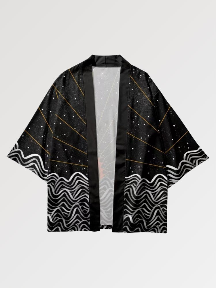 traditionelles Haori 'Tsuki no Taiyo', Detailansicht des Rückenmotivs mit roter Sonne und Sternennacht