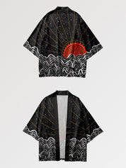 traditionelles Haori 'Tsuki no Taiyo' mit Kimonoärmeln, Layering-Jacke mit roter Sonne und Sternennacht