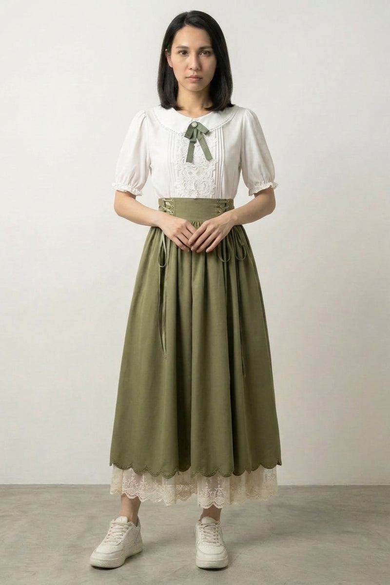Traditionelles Japanisches Kleid Salbeigrün 'Yomogi' – japanisches Damenkleid, Taishō-Set, Bubikragen und salbeigrüner Korsettrock, Vorderansicht