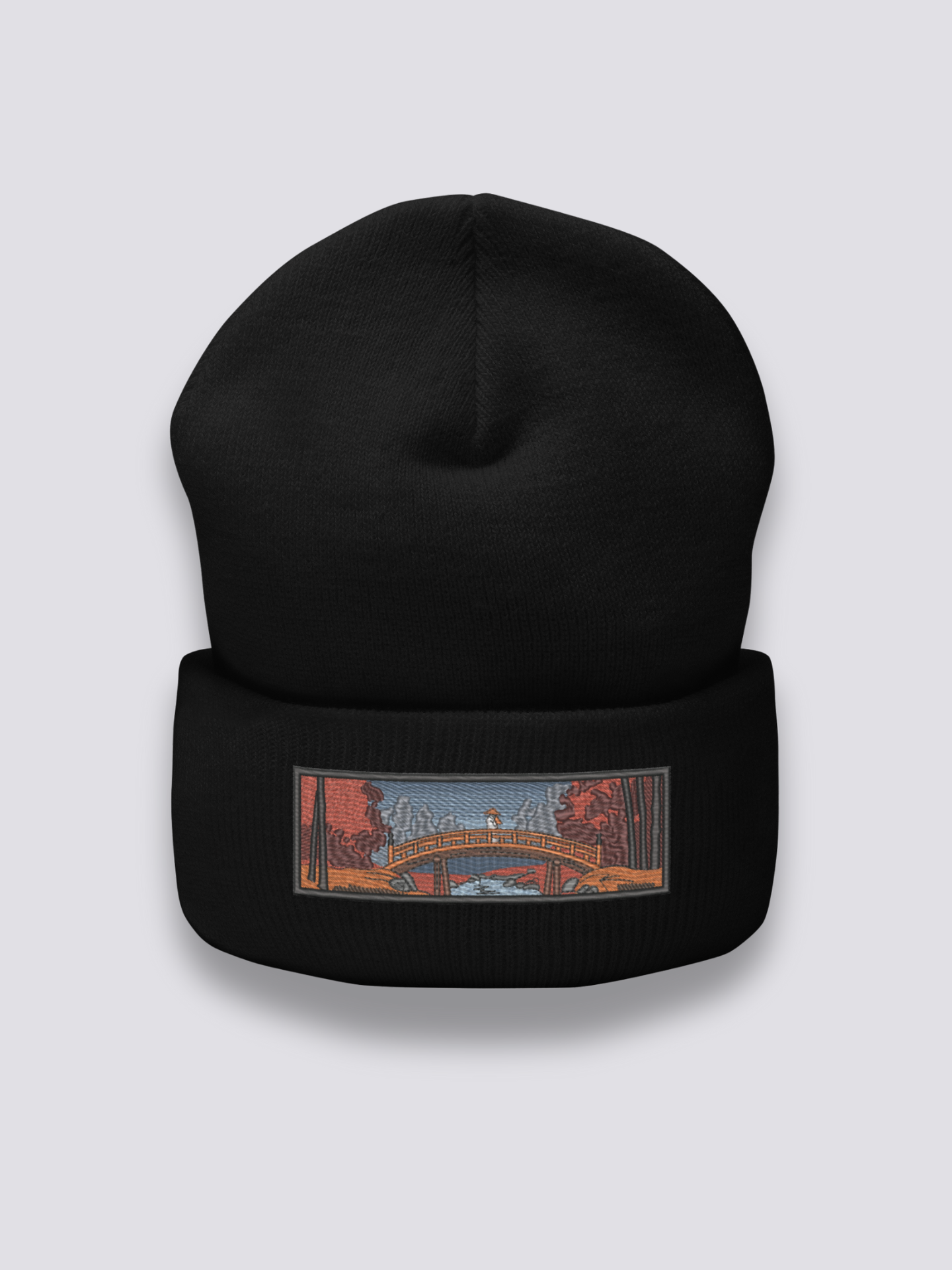 Ukiyo-e Bestickte Beanie – Beanie, gestickte Taikobashi-Brücke unter Herbstahornen, Seitenansicht