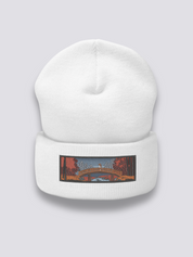 Ukiyo-e Bestickte Beanie – Beanie, gestickte Taikobashi-Brücke unter Herbstahornen, Detailaufnahme der Stickerei