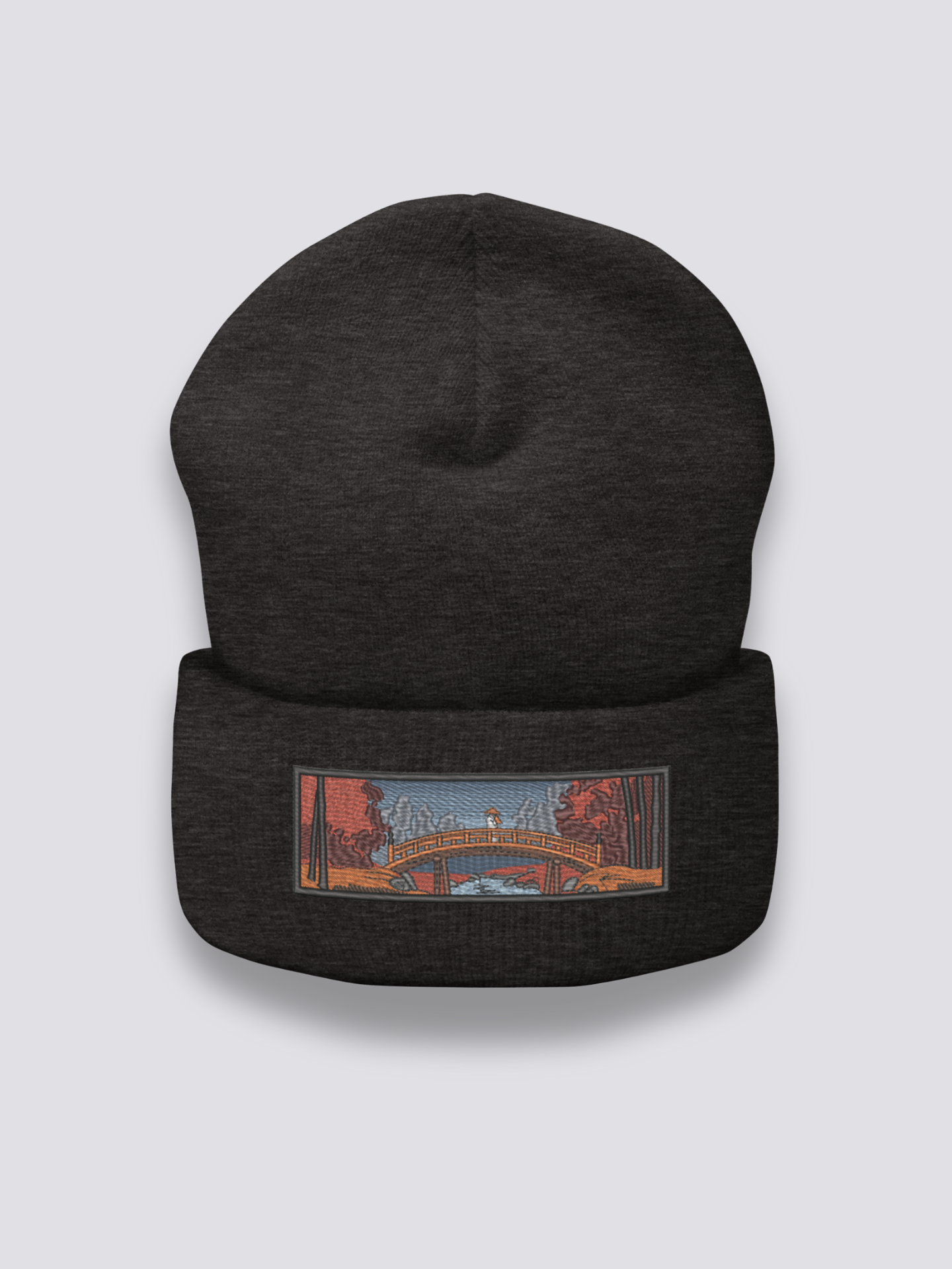 Ukiyo-e Bestickte Beanie – Beanie, gestickte Taikobashi-Brücke unter Herbstahornen, Rückansicht