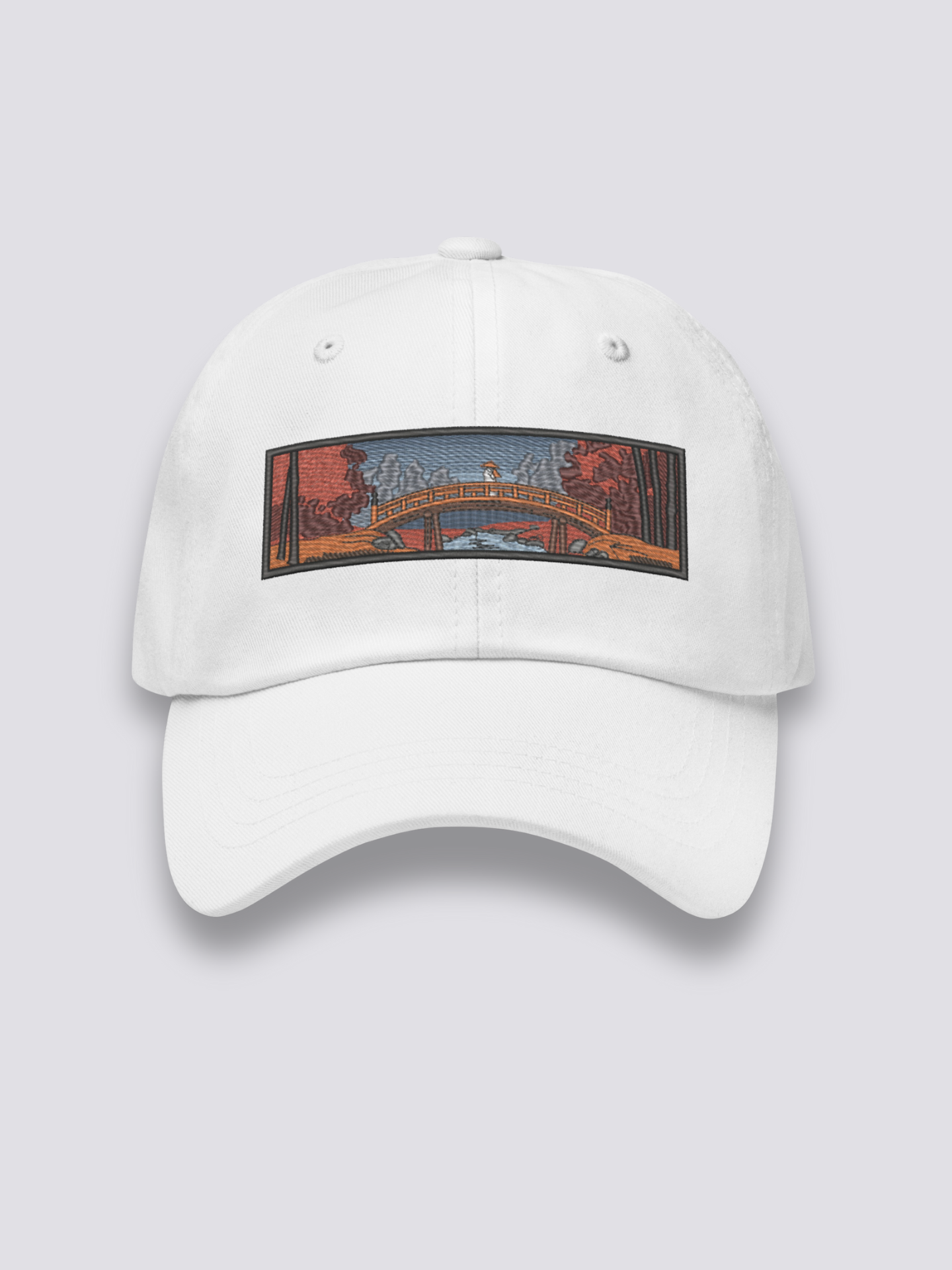 Ukiyo-e Bestickte Cap – japanische Cap, gestickte Taikobashi-Brücke unter Herbstahornen, Seitenansicht