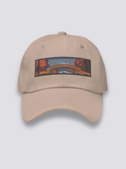 Ukiyo-e Bestickte Cap – japanische Cap, gestickte Taikobashi-Brücke unter Herbstahornen, Detailaufnahme der Stickerei