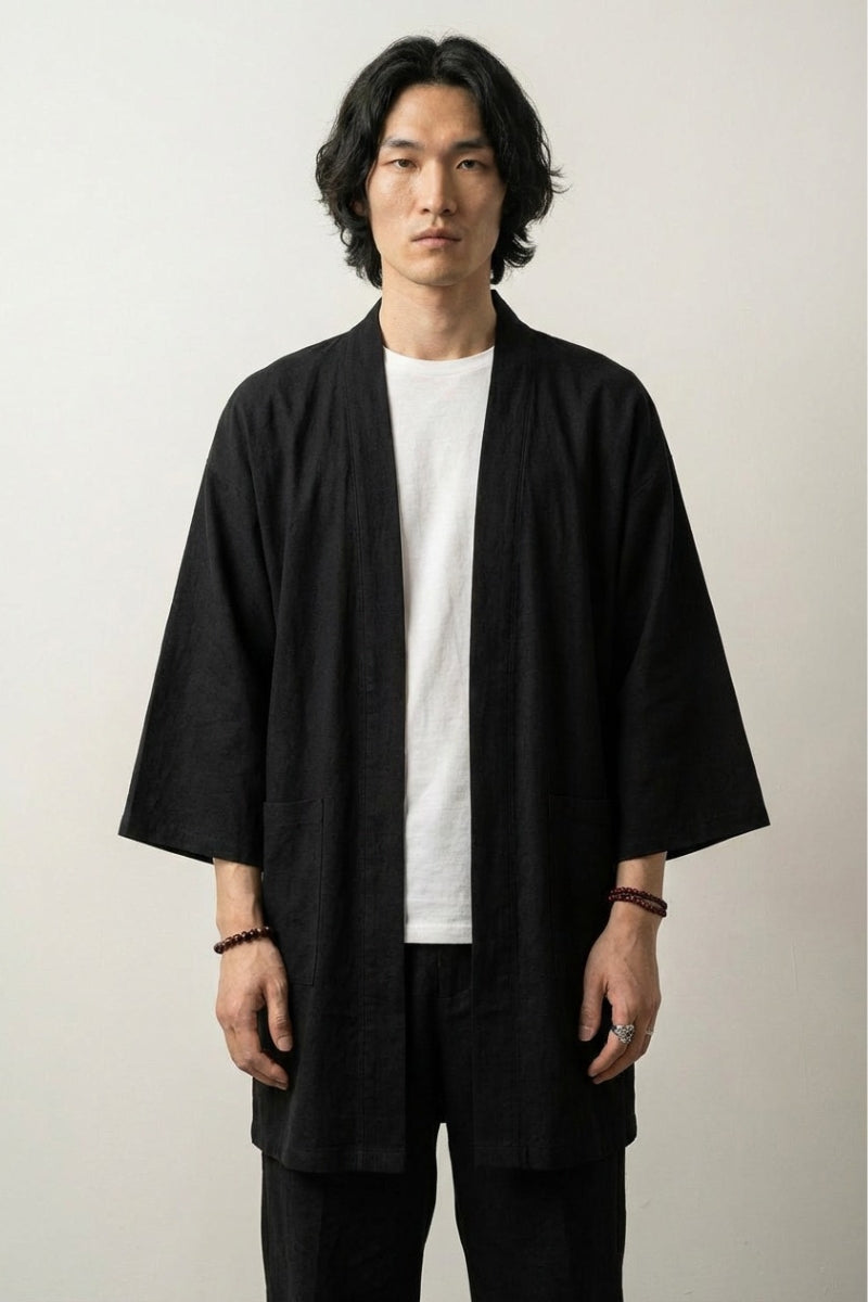 Lange Kimono-Jacke 'Takeo' – Cyan Rückseite Studioaufnahme