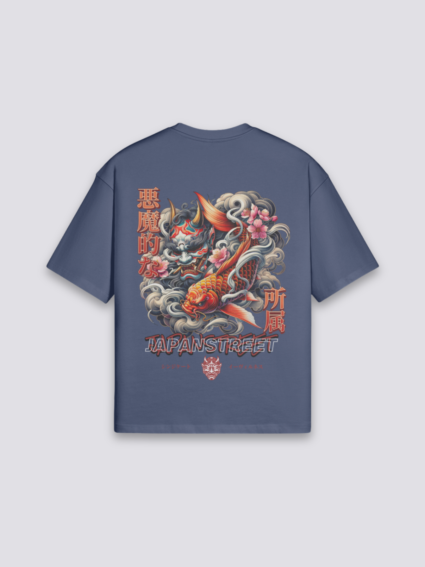 Vintage-japanisches T-Shirt mit Koi und Welle, verwaschener Yokai-Druck, oversize Baumwolle, seitliche Ansicht
