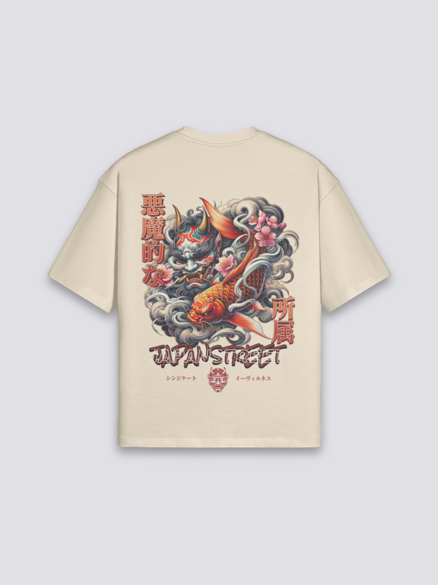 Vintage-japanisches T-Shirt mit Koi und Welle, verwaschener Yokai-Druck, oversize Baumwolle, Nahaufnahme des Drucks