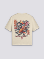 Vintage-japanisches T-Shirt mit Koi und Welle, verwaschener Yokai-Druck, oversize Baumwolle, Nahaufnahme des Drucks