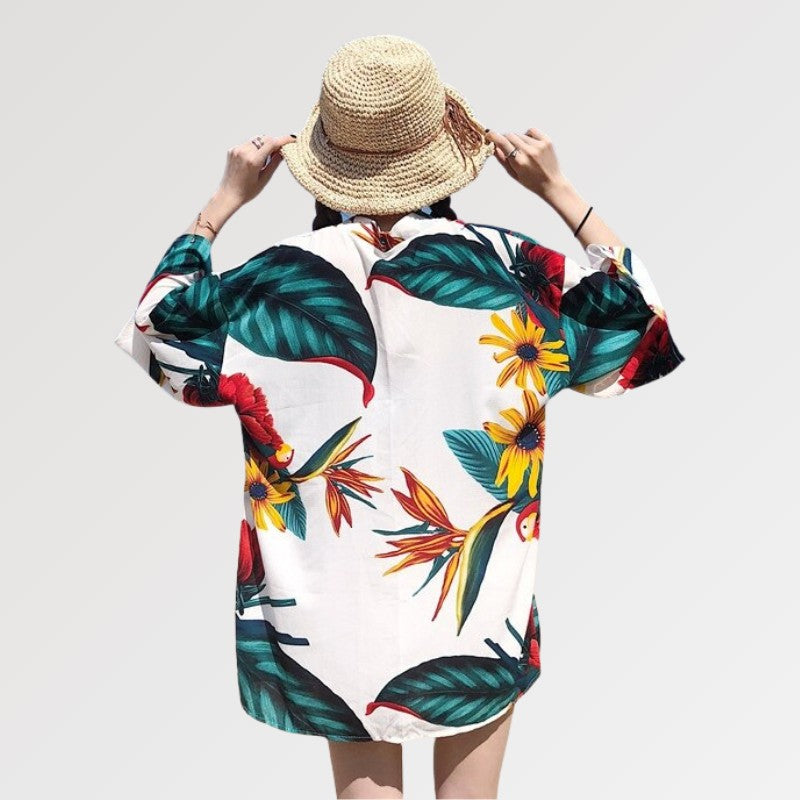 Weißer Kimono mit Blumenmuster 'Tropical' – Kimono im traditionellen japanischen Stil für Herren und Damen