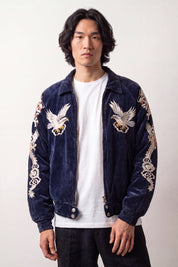 Wildleder-Bomberjacke in Schwarz mit besticktem japanischem Drachen