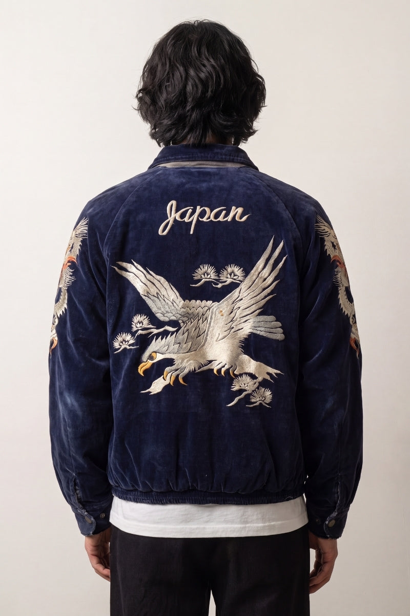 Wildleder-Bomberjacke in Tiefblau mit besticktem japanischem Drachen