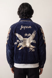 Wildleder-Bomberjacke in Tiefblau mit besticktem japanischem Drachen