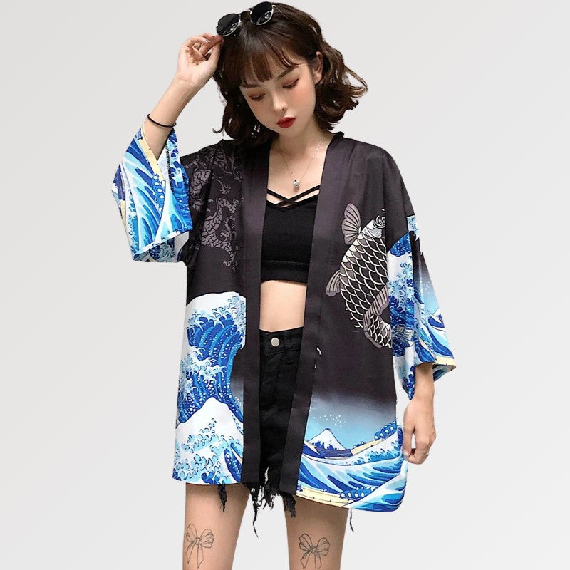 Kimono-Bluse für Damen 'Kanagawa' – Detail: lange Ärmel, Kimono japanischen Stil