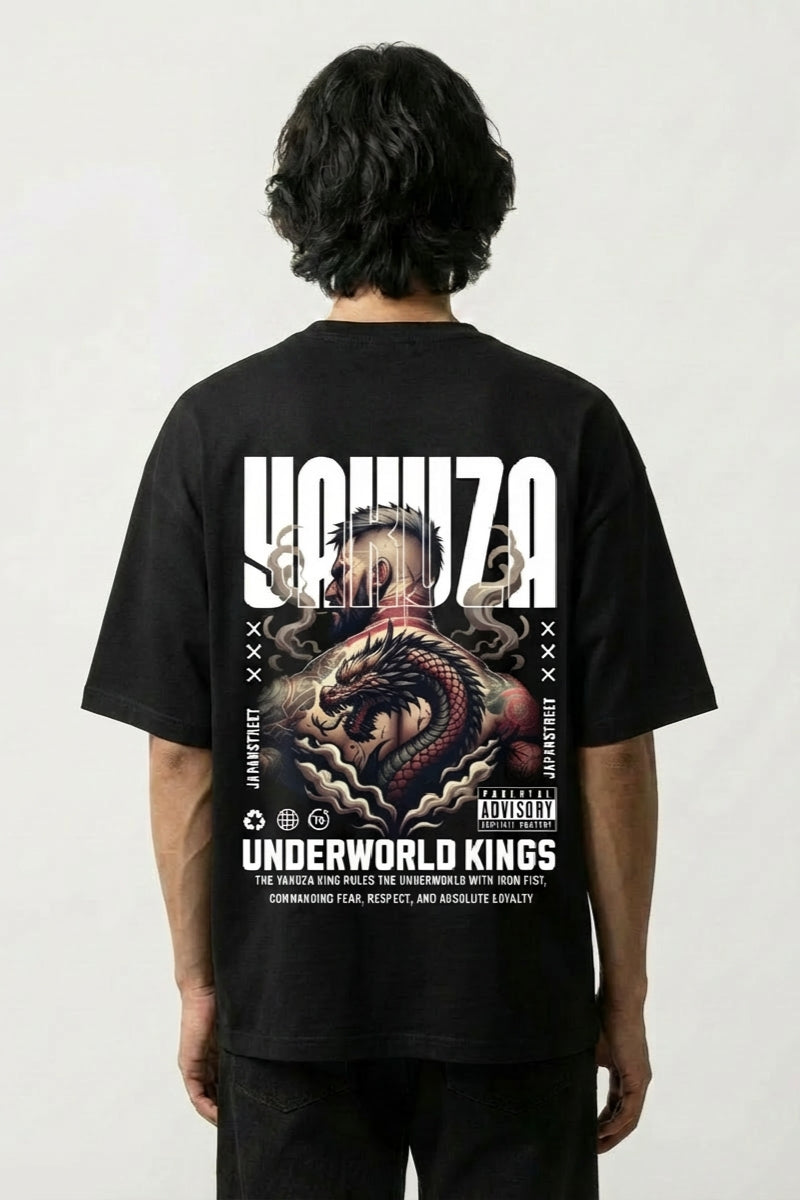 Yakuza T-Shirt mit Drachen im Irezumi-Tattoo-Stil, japanischer Streetwear-Druck, oversize, Vorderansicht