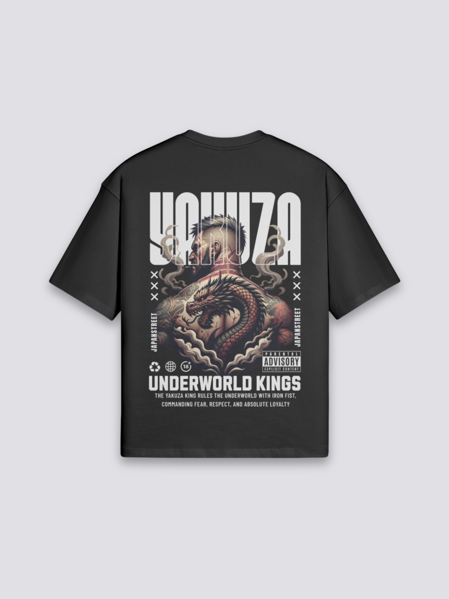 Yakuza T-Shirt mit Drachen im Irezumi-Tattoo-Stil, japanischer Streetwear-Druck, oversize, Rückenansicht mit Rückendruck