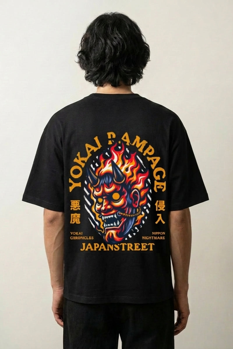 Yokai T-Shirt mit Dämonenmaske und Flammen, japanischer Folklore-Druck, oversize Baumwolle, Vorderansicht