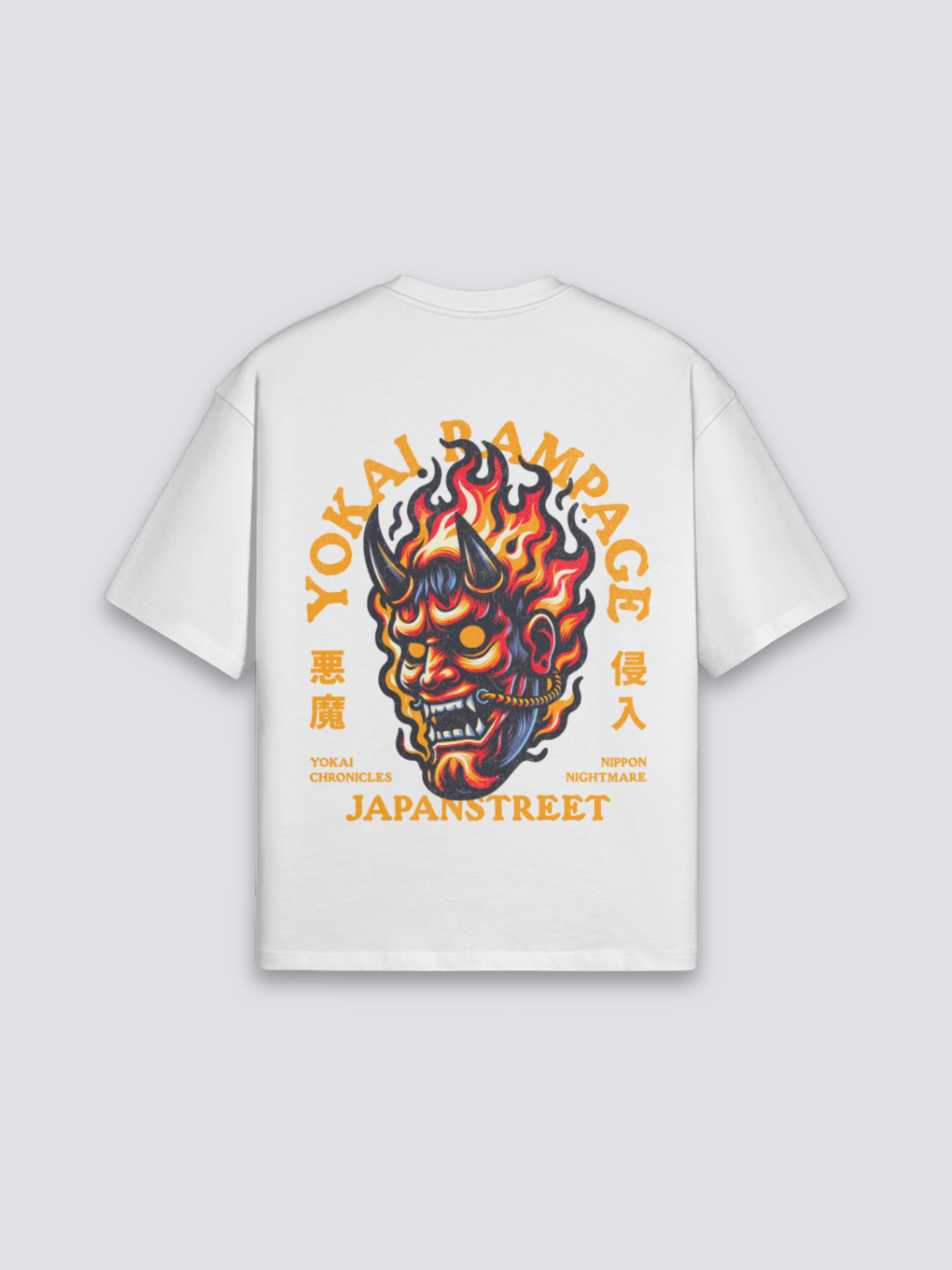 Yokai T-Shirt mit Dämonenmaske und Flammen, japanischer Folklore-Druck, oversize Baumwolle, Detailansicht des Motivs