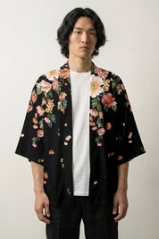 Yukata-Haori 'Floral', offene Kimono-Jacke mit Pfingstrosen und Kirschblüten, Rückenansicht