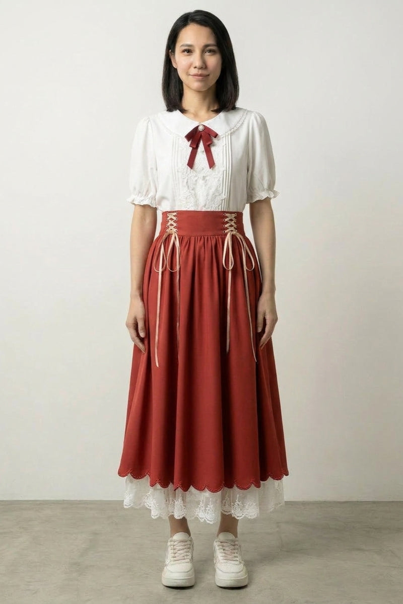 Ziegelrotes Korsett-Kleid 'Akahime' – japanisches Damenkleid, Taishō-Set, Bubikragen und ziegelroter Korsettrock, Vorderansicht