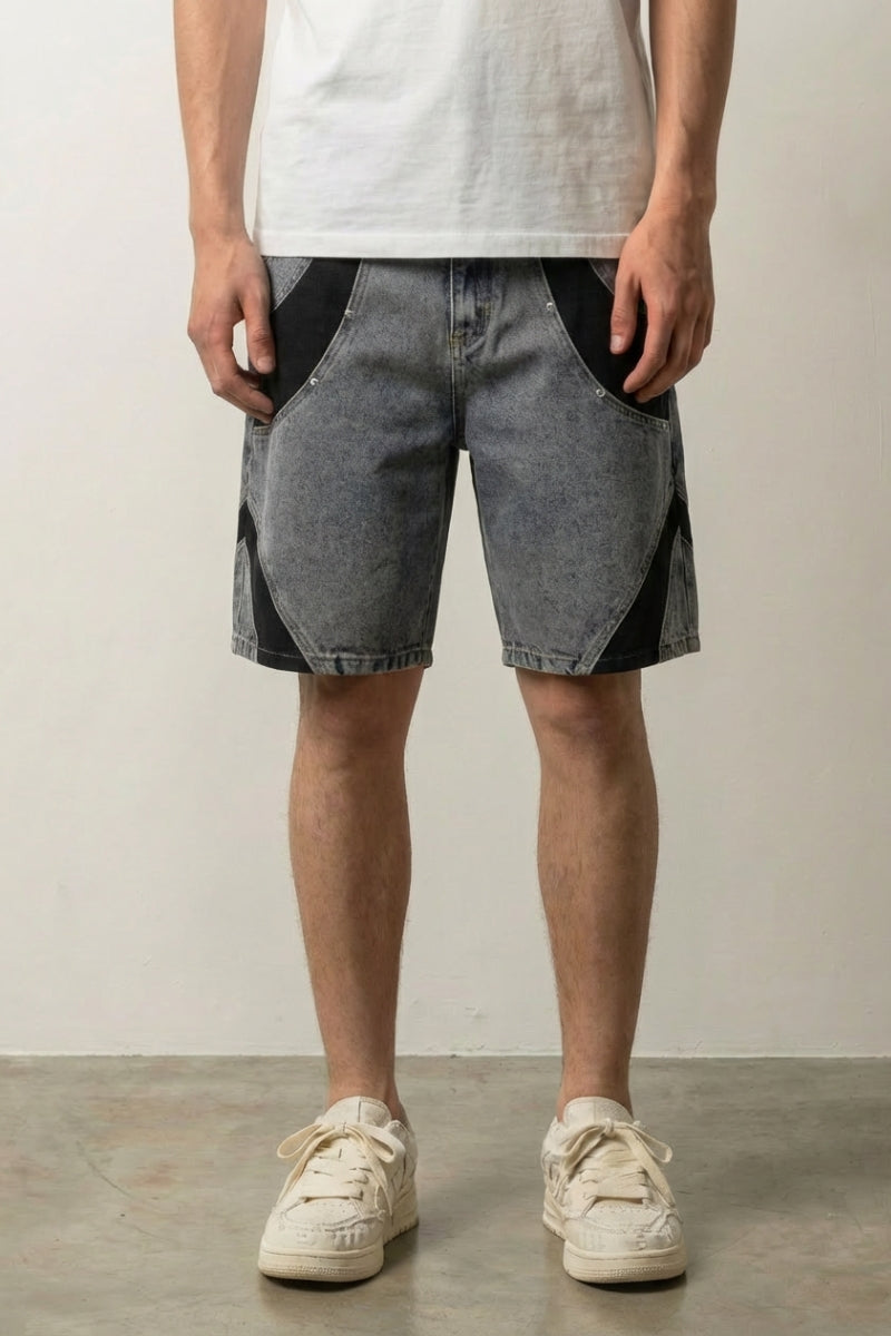 Zweifarbige Denim-Shorts – Denim-Shorts Herren japanischer Streetwear, Vorderansicht